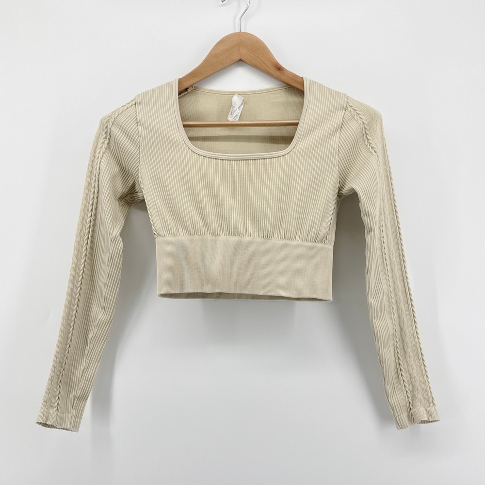OFFLINE by Aerie Small Sand Ribbed Seamless‎ Square Neck Crop Top Braided Sleeve